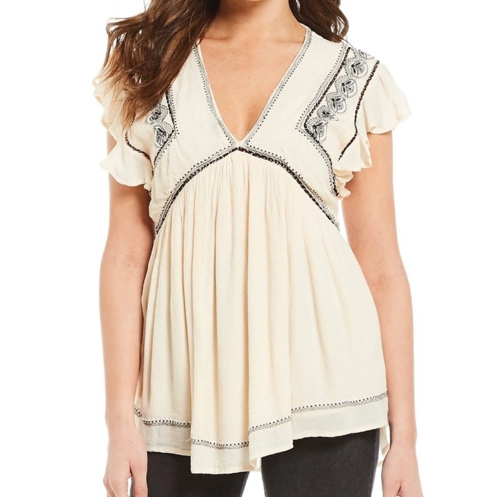FREE PEOPLE Boho Fallen Waterfall Embroidered Ivory Ruffle Sleeve Top Size Small